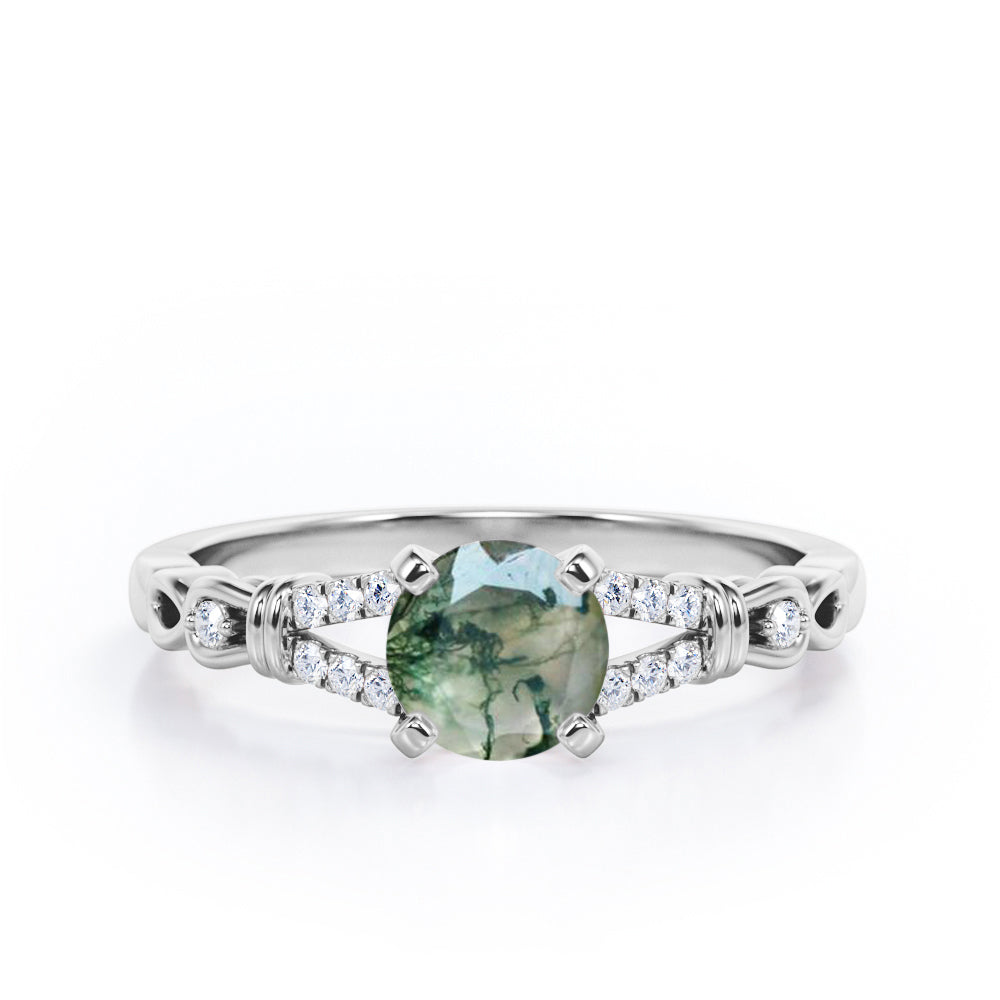 Split Shank 0.6 carat Round Moss Green Agate and Diamond Engagement Ring in Rose Gold