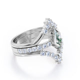 Double-Chevron 1.75 carat Kite Moss Agate and Moissanite Trio Wedding Ring Set in Black Gold