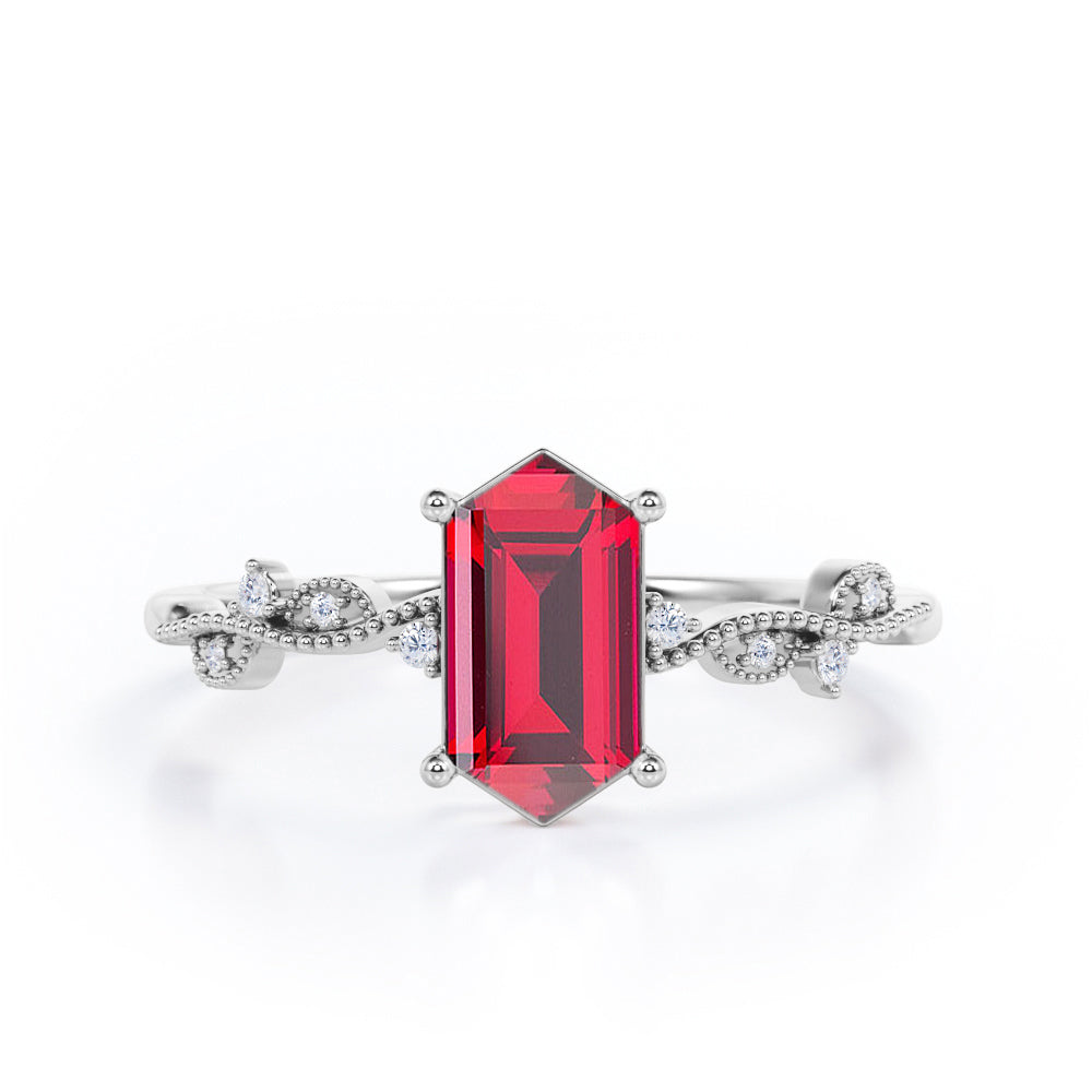 Vintage 0.50 ct Hexagon Lab-Created Ruby Engagement Ring