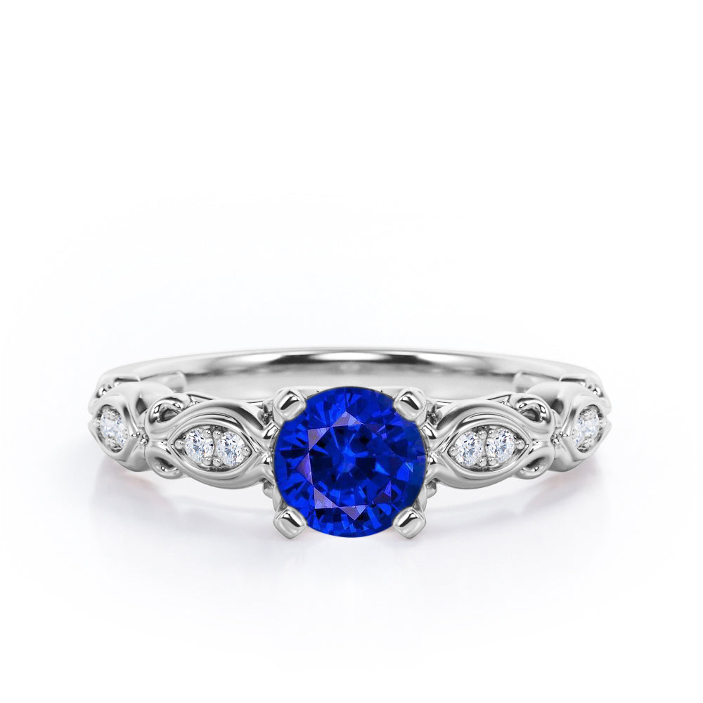 Decorative Basket Prong 0.5 carat Round Blue Sapphire and Diamond Nature-Inspired Ring in Rose Gold