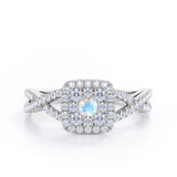 Pave Crossover - 1.25 Carat Round Cut Moonstone and diamond - Flush Cluster Halo Engagement Ring in White Gold
