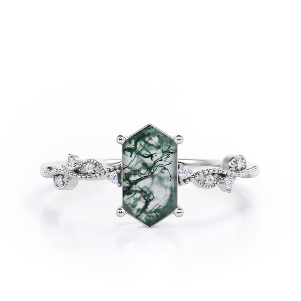 Vintage Wavy Milgrain 0.5 carat Hexagon Moss Green Agate and Diamonds Engagement Ring in Rose Gold