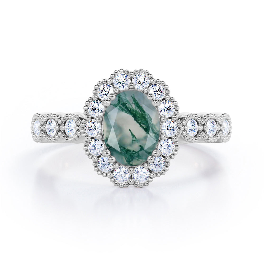Vintage Floral Halo 0.7 carat Oval and Round Moss Green Agate and diamond Engagement Ring in Rose Gold