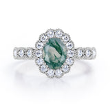 Vintage Floral Halo 0.7 carat Oval and Round Moss Green Agate and diamond Engagement Ring in Rose Gold