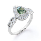 Double Halo 1.25 carat Pear Moss Agate and Moissanite Engagement Ring in White gold