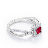 1.25 ct Princess Lab-Created Ruby Pave Halo Engagement Ring