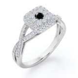 Pave Crossover - 1.25 Carat Round Cut Black Diamond - Flush Cluster Halo Engagement Ring in White Gold