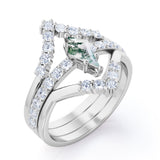 Double-Chevron 1.75 carat Kite Moss Agate and Moissanite Trio Wedding Ring Set in Black Gold