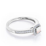 Halo Design 1.25 Carat Princess Cut Opal and diamond Milgrain-Bordered Pave-Channel Engagement Ring in White Gold