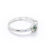 Elegant 7 Stone Ring 0.6 carat Round Moss Agate and Moissanite Bezel Engagement Ring in White Gold