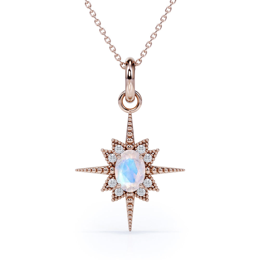 Traveler's Northern Star 1.10 carat Oval Moonstone and Moissanite Pendant with 18k Black Gold Over Silver Necklace