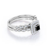 1.65 Carat Princess Cut Lab Grown Black Diamond Vintage Art Deco Bridal Set In White Gold