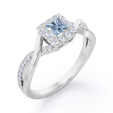 1.25 Carat Princess Cut Aquamarine - Half Crossover Pave - Halo Engagement Ring in White Gold