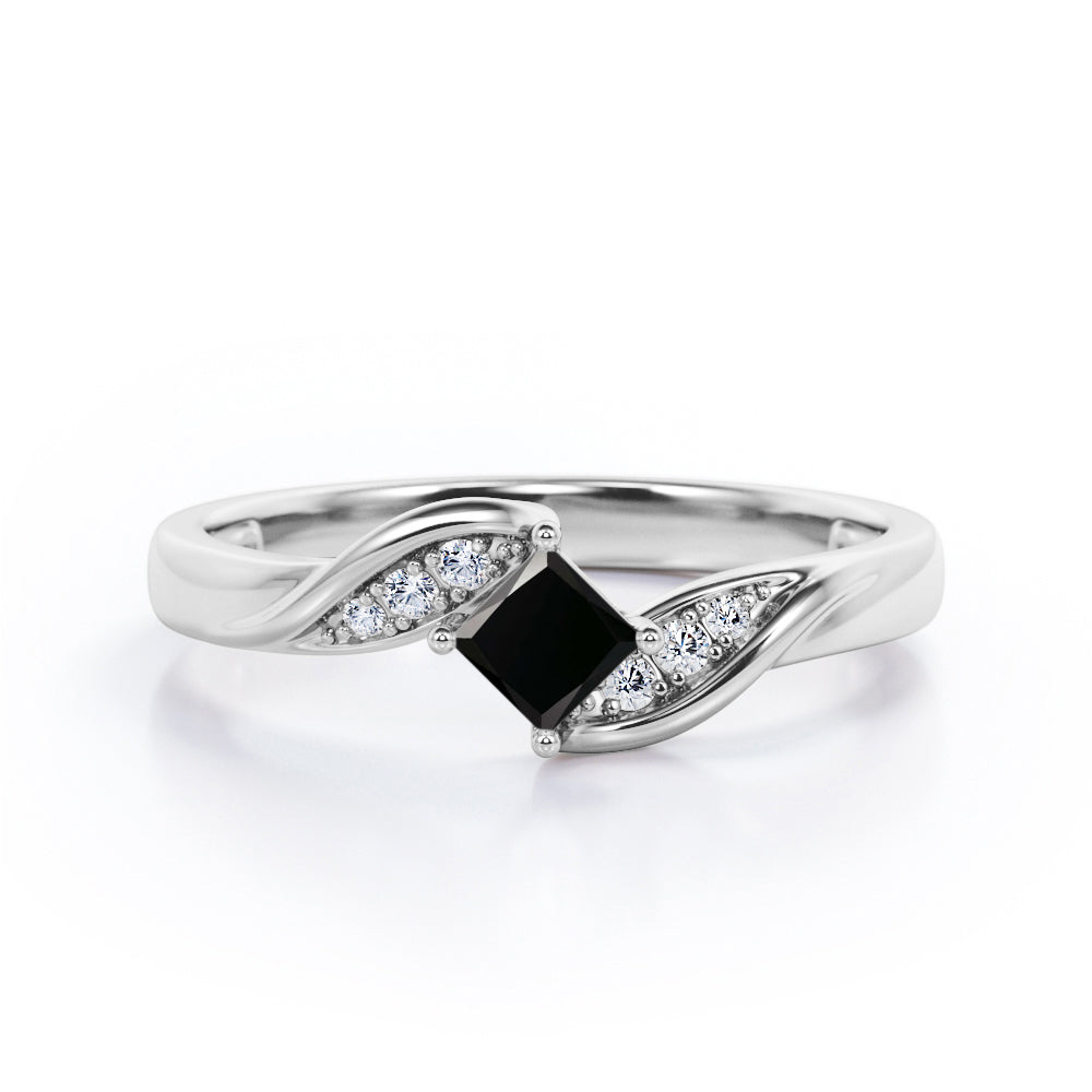 Twisted 7 Stone Ring - 0.55 carat Princess Black Diamond Elegant Engagement Ring in Rose Gold