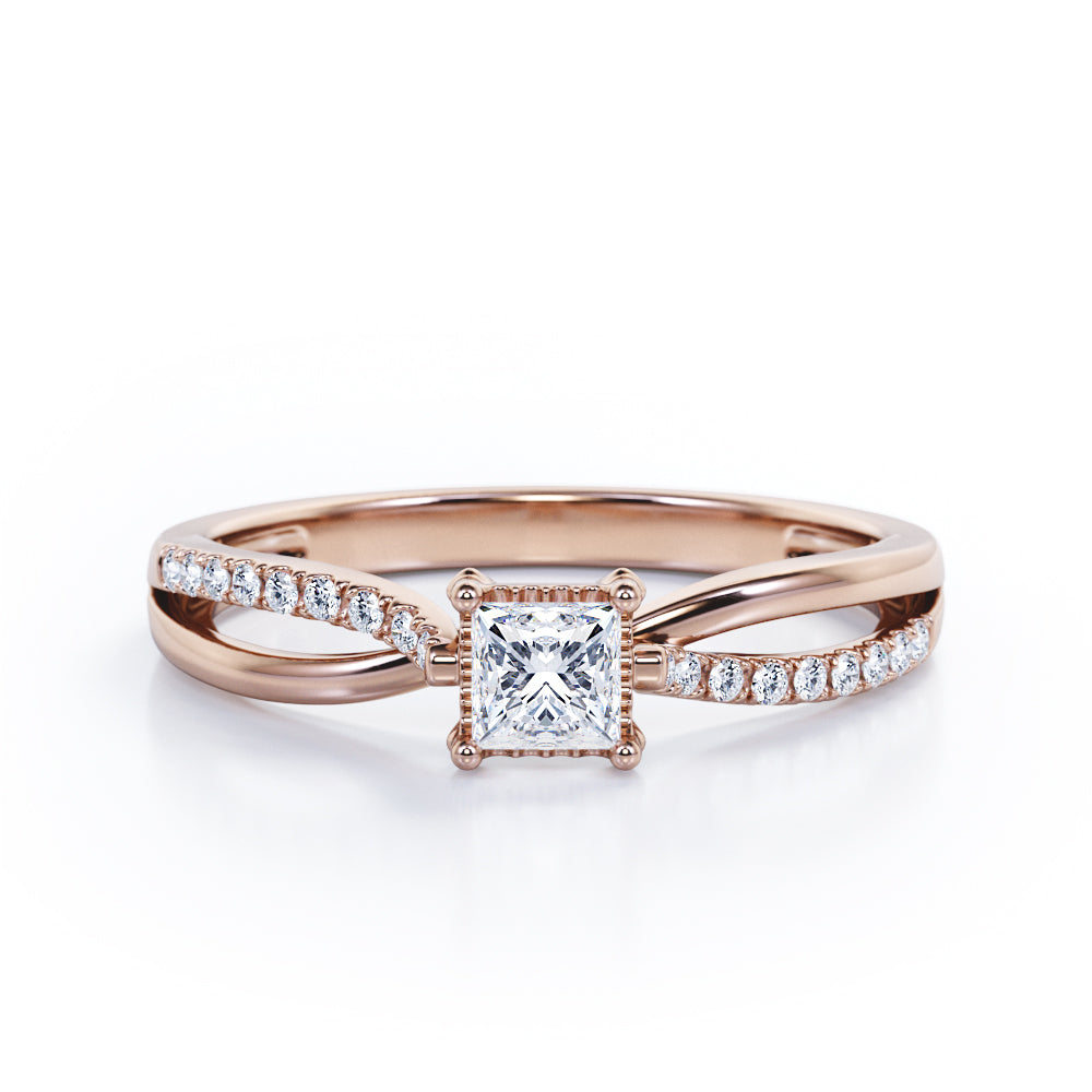 Twisted and Split Pinched Shank 0.65 carat Princess Moissanite and Diamonds Elegant Engagement Ring in White Gold