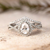 1.75 Carat Pear Cut Moissanite Wedding Set - Bridal Set - Art Deco Ring - Halo Ring - Cluster Ring - 18k White Gold Over Silver