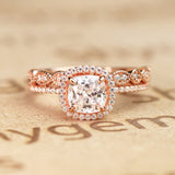 1.75 Carat Cushion cut Moissanite Halo Bridal Set in 18k Rose Gold Over Silver