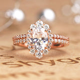 1.75 Carat Vintage Moissanite and Diamond Snowflake Cluster Ring Oval Cut Bridal Set in Rose Gold