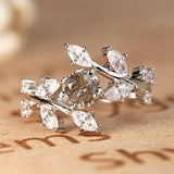 Floral Nature-Inspired 1 Carat Round Cut Solid Dendritic Black Rutilated Quartz and Diamond Unusual Engagement Ring for Women