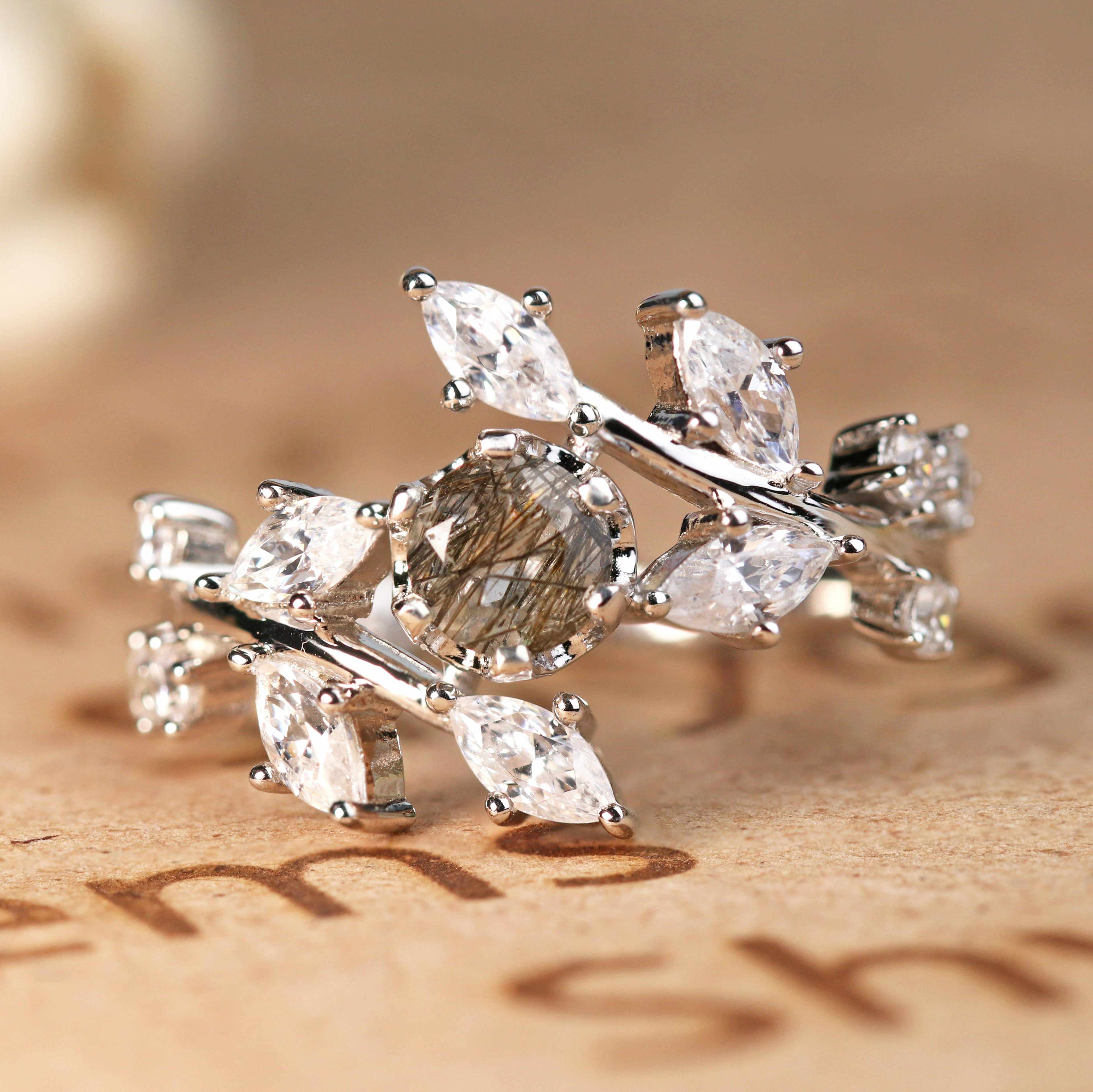 Floral Nature-Inspired 1 Carat Round Cut Solid Dendritic Black Rutilated Quartz and Diamond Unusual Engagement Ring for Women