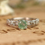 Vintage Exquisite Prong 1.50 Carat Round Cut Real Faceted Druzy Moss Green Agate and Diamond Art Deco Milgrain Engagement Ring