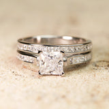 2 Carat Princess Cut Moissanite Wedding Set - Bridal Set - Channel Set Ring - Handmade Ring - 18k Rose Gold Over Silver
