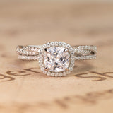 1.5 Carat Cushion Cut Moissanite And Diamond Halo Bridal Set In White Gold