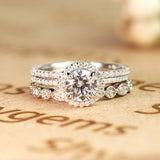 Art Deco 2 Carat Round cut Real Moissanite Wedding Trio Ring Set with Engagement Ring and 2 Wedding Bands in 18k Gold Over Silver