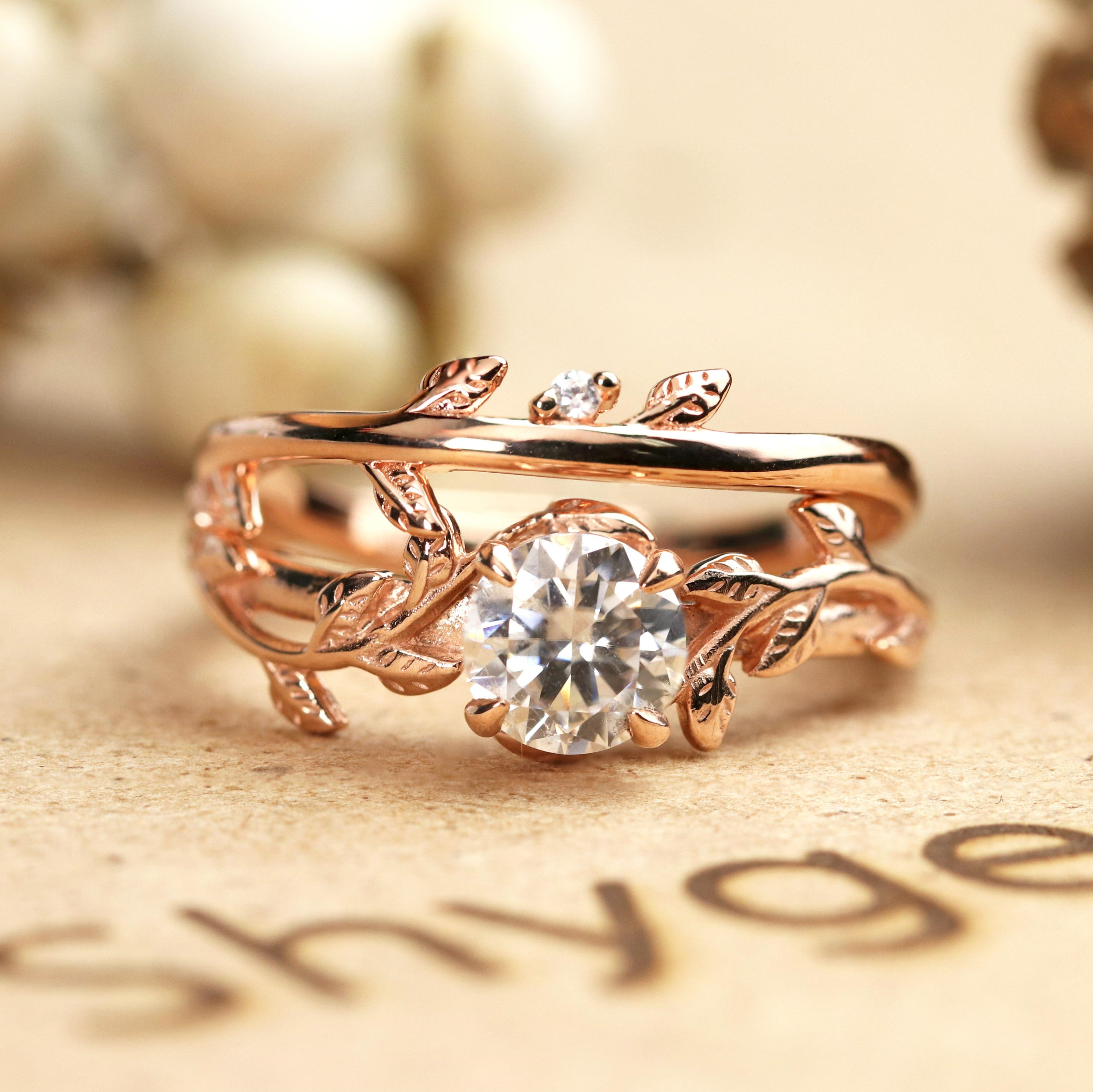 Leaf and Vine Art Deco 1 Carat Round Cut Moissanite and Diamond Bridal Ring Set in 10k Rose Gold for Women
