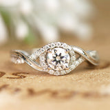 Elegant 1 Carat - Round Moissanite - Pave - Twisted Band - Infinity - Swirl Engagement Ring - 10K White Gold