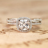 Pave 2 Carat Cushion Cut Moissanite Halo Bridal Set