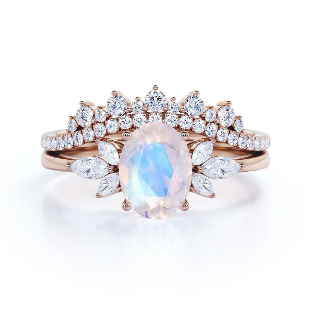 Classic Crown 1 carat Oval Moonstone and Moissanite Bridal set in Black Gold