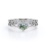 Dendritic 0.6 carat Round Moss Agate Crystal and Moissanite Swirly Wedding Ring Set in White Gold