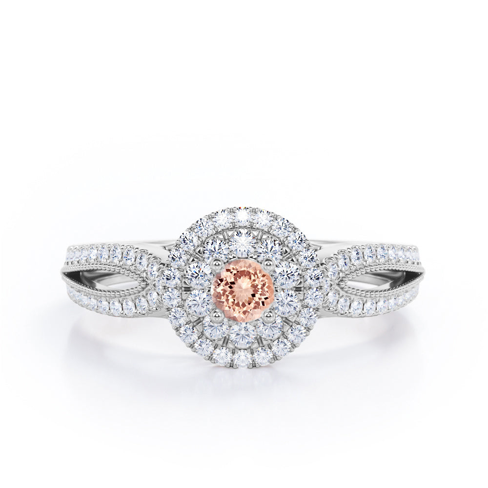 Double Halo Cluster 1.8 Carat Round-Shaped Morganite and diamond Split-Shaked Milgrain Pave Engagement Ring in Rose Gold