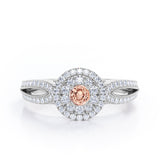 Double Halo Cluster 1.8 Carat Round-Shaped Morganite and diamond Split-Shaked Milgrain Pave Engagement Ring in Rose Gold