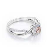 1.25 Carat Princess Cut Morganite and diamond - Half Crossover Pave - Halo Engagement Ring in White Gold