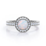 Decorative Halo 1 carat Round Opal and Diamond Milgrain Engagement Ring in White Gold