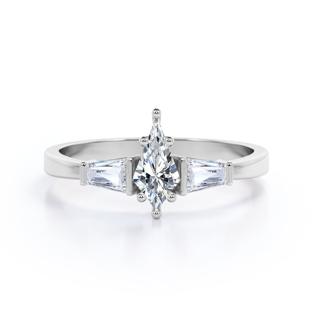 Classy Modern Three Stone Ring - 1 carat Kite Moissanite and Diamond Engagement Ring in Black Gold