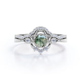 Exceptional Handcrafted Flower 0.8 carat Round Moss Agate and Moissanite Wedding Set in White Gold