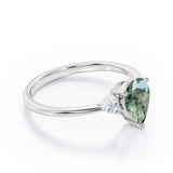 Seven Stone 0.5 carat Pear Moss Green Agate and Diamond Dainty Band Engagement Ring in White Gold