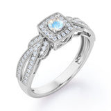 Extravaganza Milgrain Bordered - 1.45 Carat Round Brilliant Cut Moonstone and diamond - Halo Pave Channel Engagement Ring in White Gold