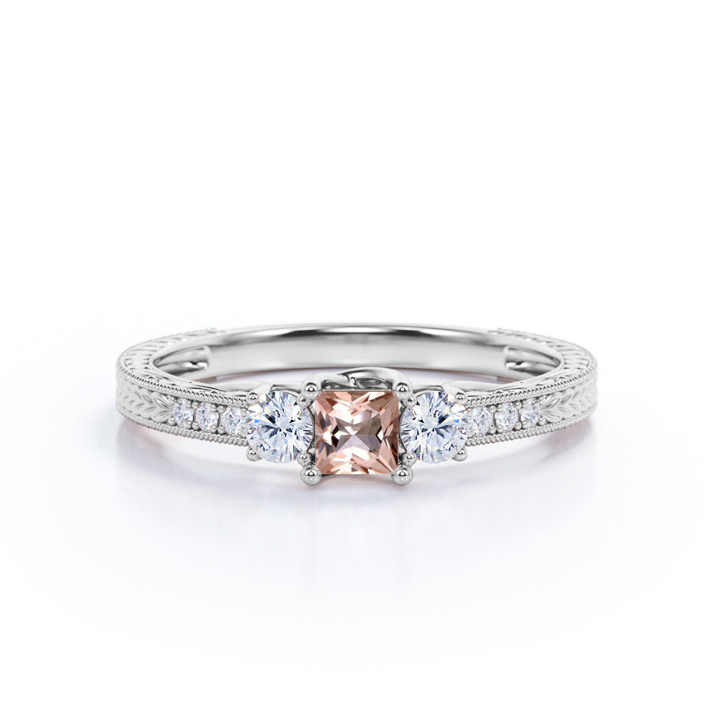 Unique Three Stone Ring 1 carat Princess Morganite and Moissanite Engagement Ring in Rose Gold For Her