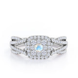 Double Infinity Split Shank - 1.4 Carat Round Shaped Moonstone and diamond - Flush Cluster Halo Engagement Ring in White Gold