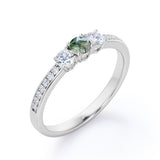 Elegant Trilogy 1.25 carat Round Moss Green Agate and Moissanite Promise Ring in White Gold