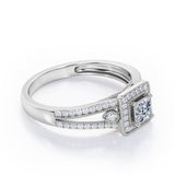 Split-Shanked Pave 1.55 Carat Princess Cut Moissanite and diamond Milgrain-Bordered Halo Engagement Ring in White Gold