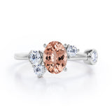 Unique 1 carat Oval Five Stone Ring With Petite Morganite and Diamond in White Gold
