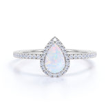 1.50 ct Vintage Pear Shaped Opal and Moissanite Halo Wedding Ring in 18K White Gold over Silver