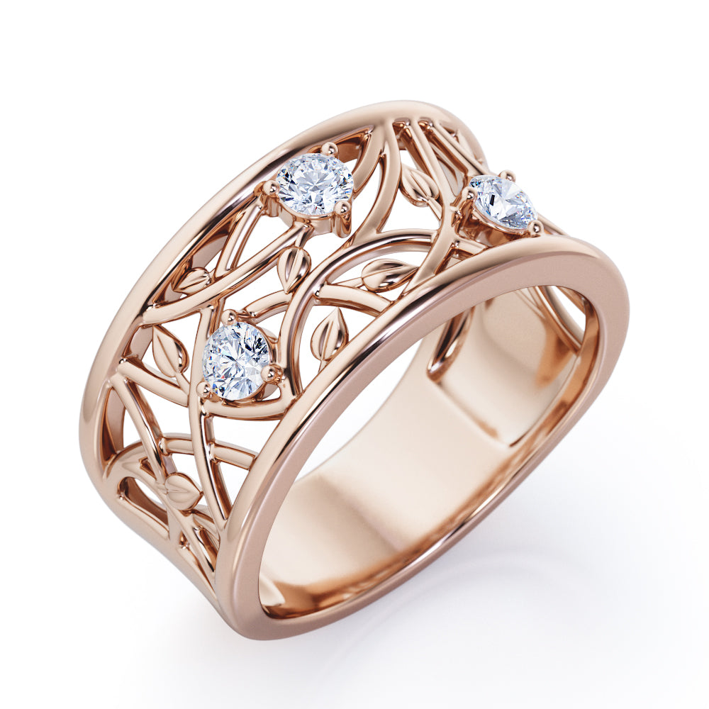 Open Work Curvy Nature Diamonds Ring Band in Rose Gold
