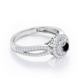 Double Halo Cluster 1.8 Carat Round-Shaped Black Diamond Split-Shaked Milgrain Pave Engagement Ring in White Gold