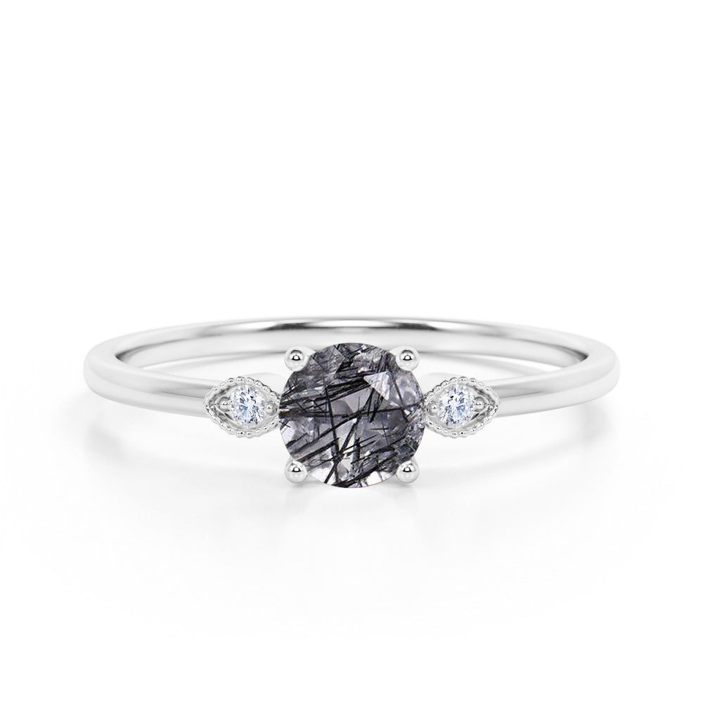 1.10 ct Round Black Rutilated Quartz Three Stone Engagement Ring